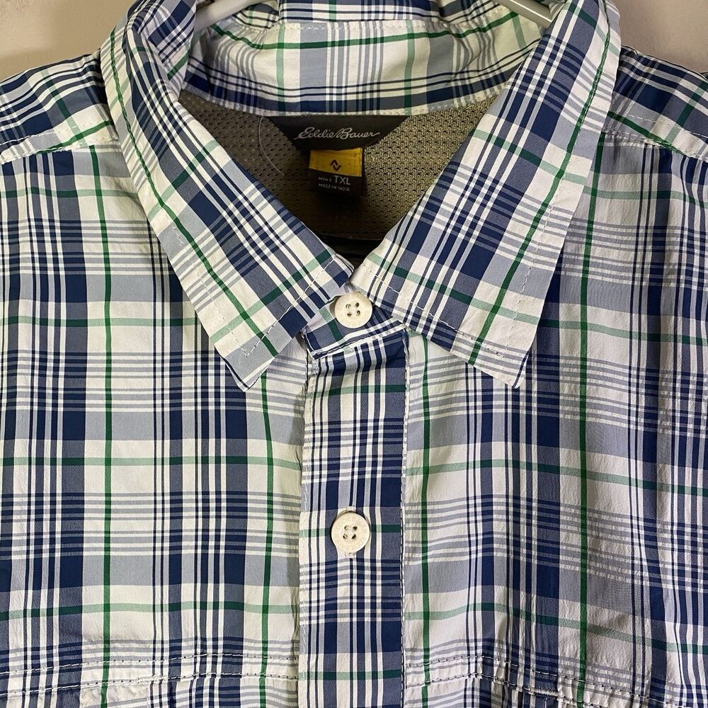 Eddie Bauer Shirt Men XL Tall Blue Green Plaid Short Sleeve  Travex Outdoor